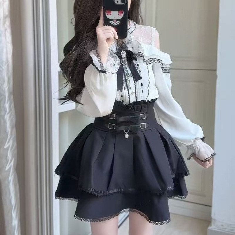 Japonês gótico y2k lolita esti - Blouse Off Shoulder avaliação e preço